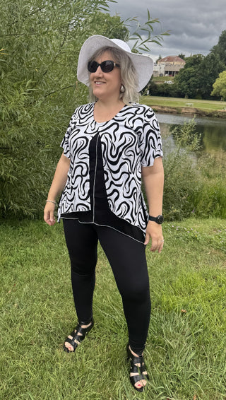 Willis - Dari V Split Front Scooped Hem Black / White Swirl [sz:xl]