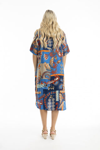 Orientique - Camps Bay Button Through Dress With Collar Blue Print [sz:8  Cl:blue Print]