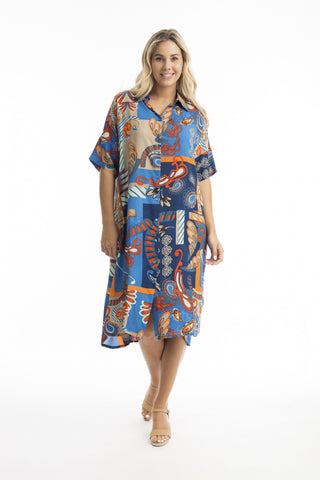 Orientique - Camps Bay Button Through Dress With Collar Blue Print [sz:22 Cl:blue Print]