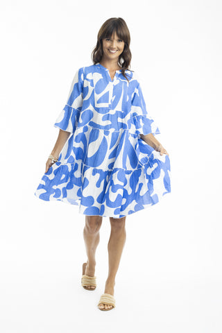 Orientique - Linen Dress Layers 3/4 Sleeve Print Blue [sz:24 Cl:blue]