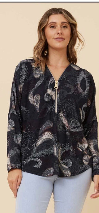 Caroline Morgan - T734947 Dolman Sleeve Abstract Print Top W Front Zipper Navy