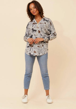 Caroline Morgan - T734954 Dolman Sleeve Cat Print Top W Front Zipper Grey [sz:12]