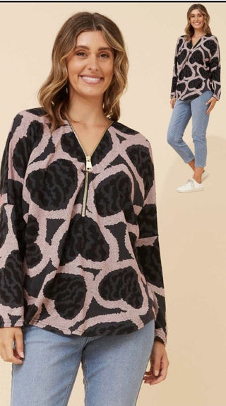 Caroline Morgan - T734947 Dolman Sleeve Print Top W Front Zipper Multi Red / Black